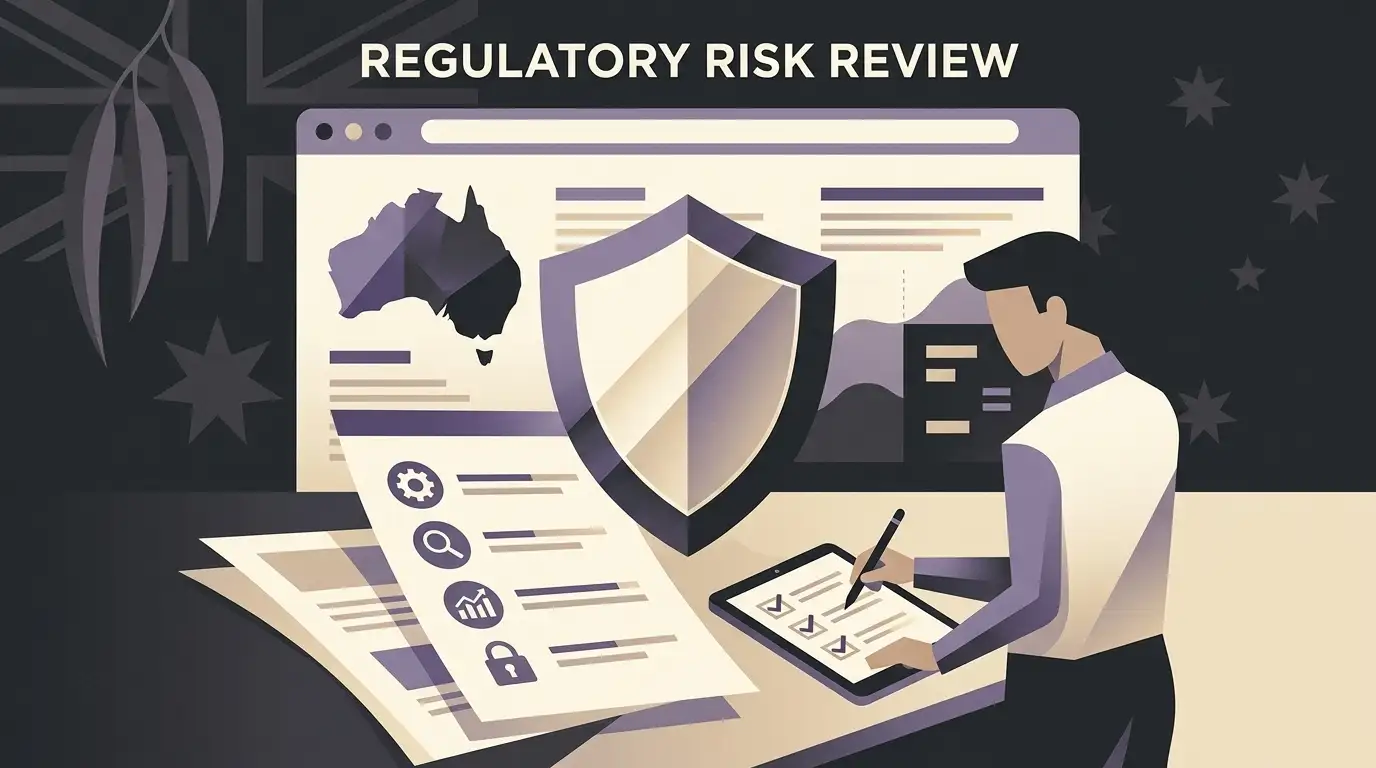 Editorial illustration of an Australian regulatory checklist and online casino risk review