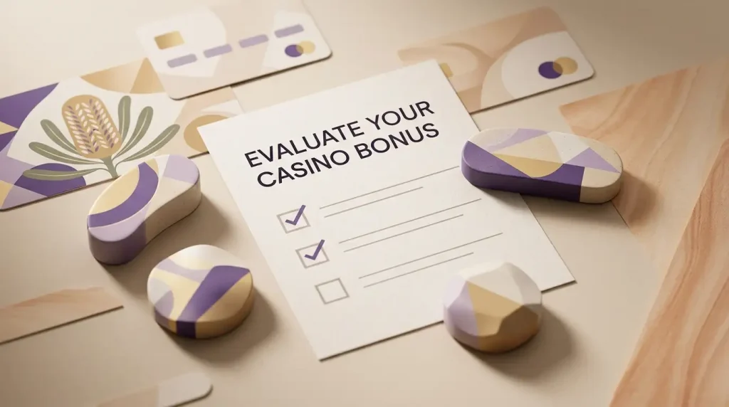 Editorial illustration of a casino promotion checklist for Australian readers