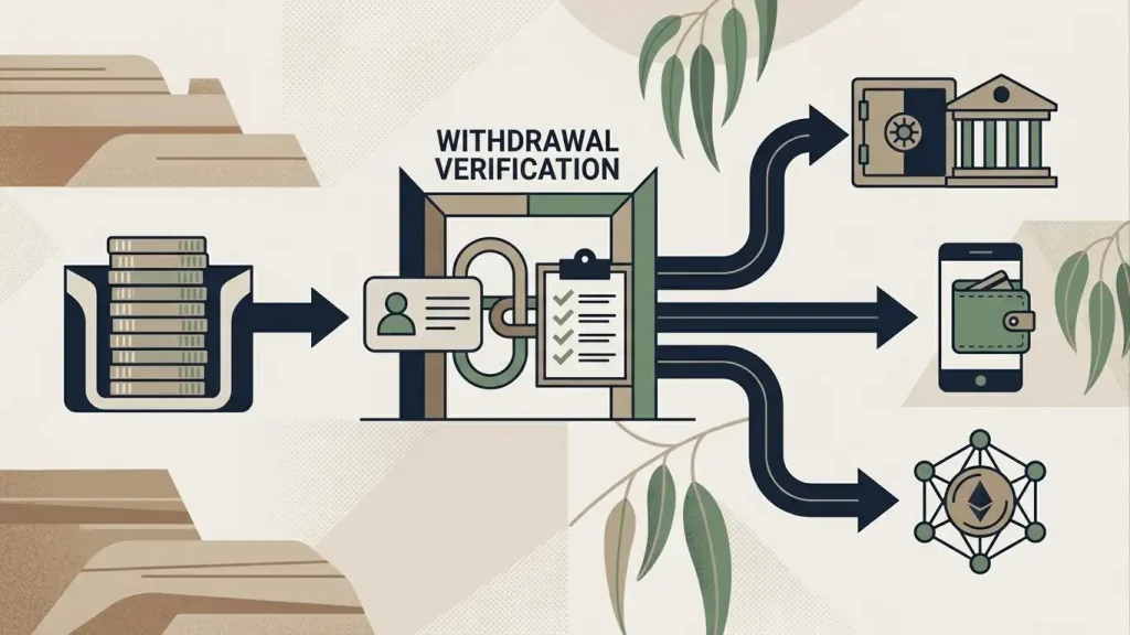 Editorial illustration of a withdrawal request moving from a casino balance to verified payment routes