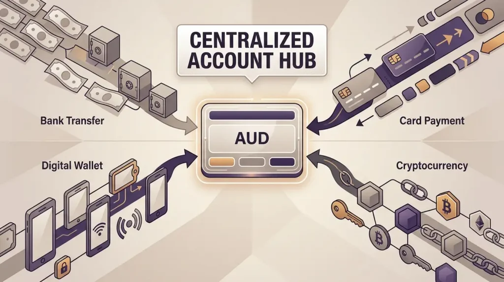 Editorial illustration of Australian dollar payment routes including bank, card and digital options