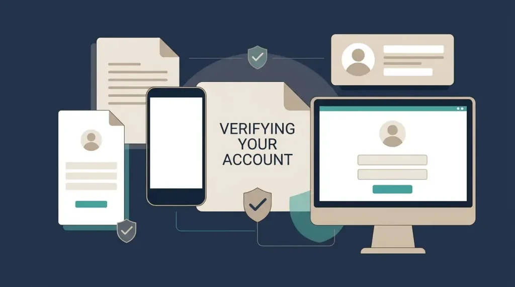 Editorial illustration of secure online account registration and identity verification